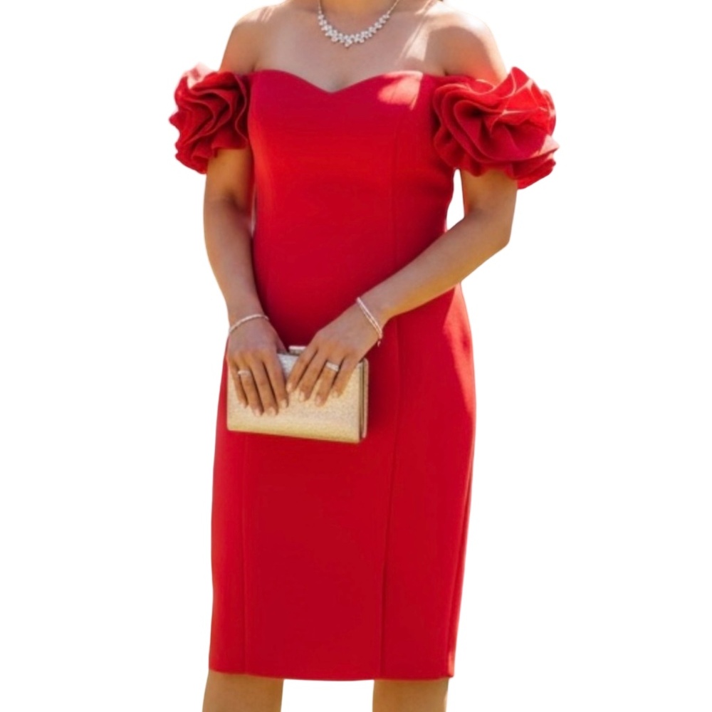 A370  Betsy Adam Red Off-Shoulder Ruffle Sleeve Quiet Luxury Midi Dress Size 12